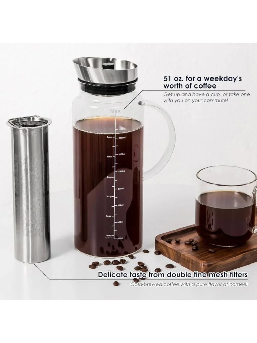 51oz Cold Brew Coffee Maker & Iced Tea Pitcher - Borosilicate Glass, Durable